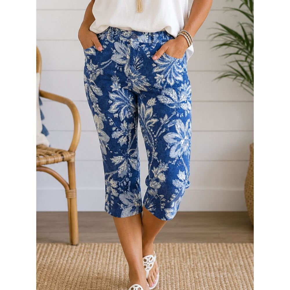 Vtg RALPH LAUREN Straight Leg Crop Blue Floral 10P Petite Short Capri Pants